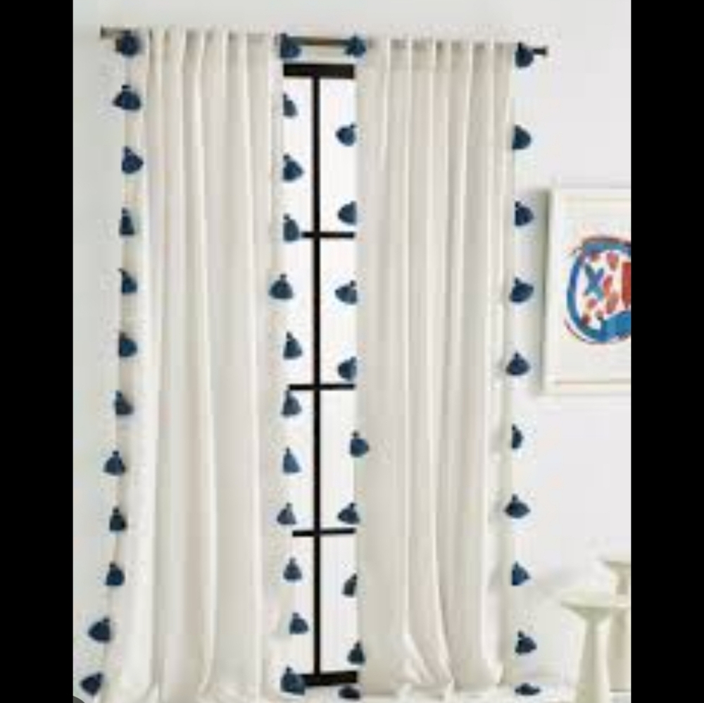 Anthropologie Cream Curtains with Blue Tassels
